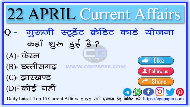 22 April 2022 Current Affairs In Hindi