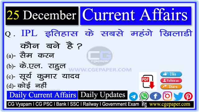 25 December 2022 Current Affairs in Hindi